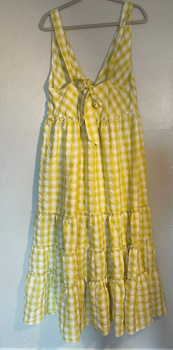 Free People Beach Club Maxi Dress yellow gingham tiered size M
